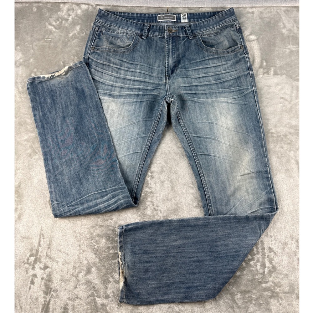 INC Jeans Mens 36x34 Berlin Slim Straight Blue Distressed Whiskered Denim EUC